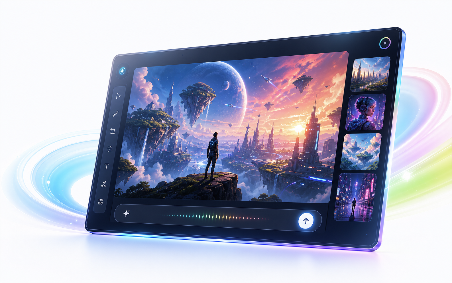AI creation interface showing a futuristic creative scene