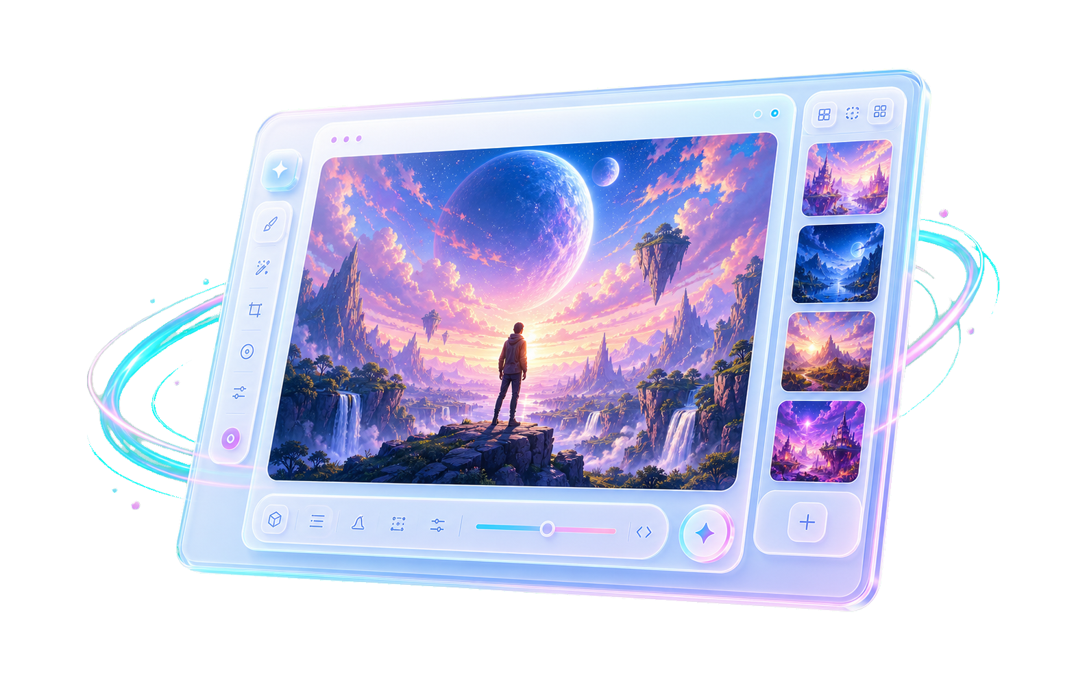 AI creation interface showing a futuristic creative scene