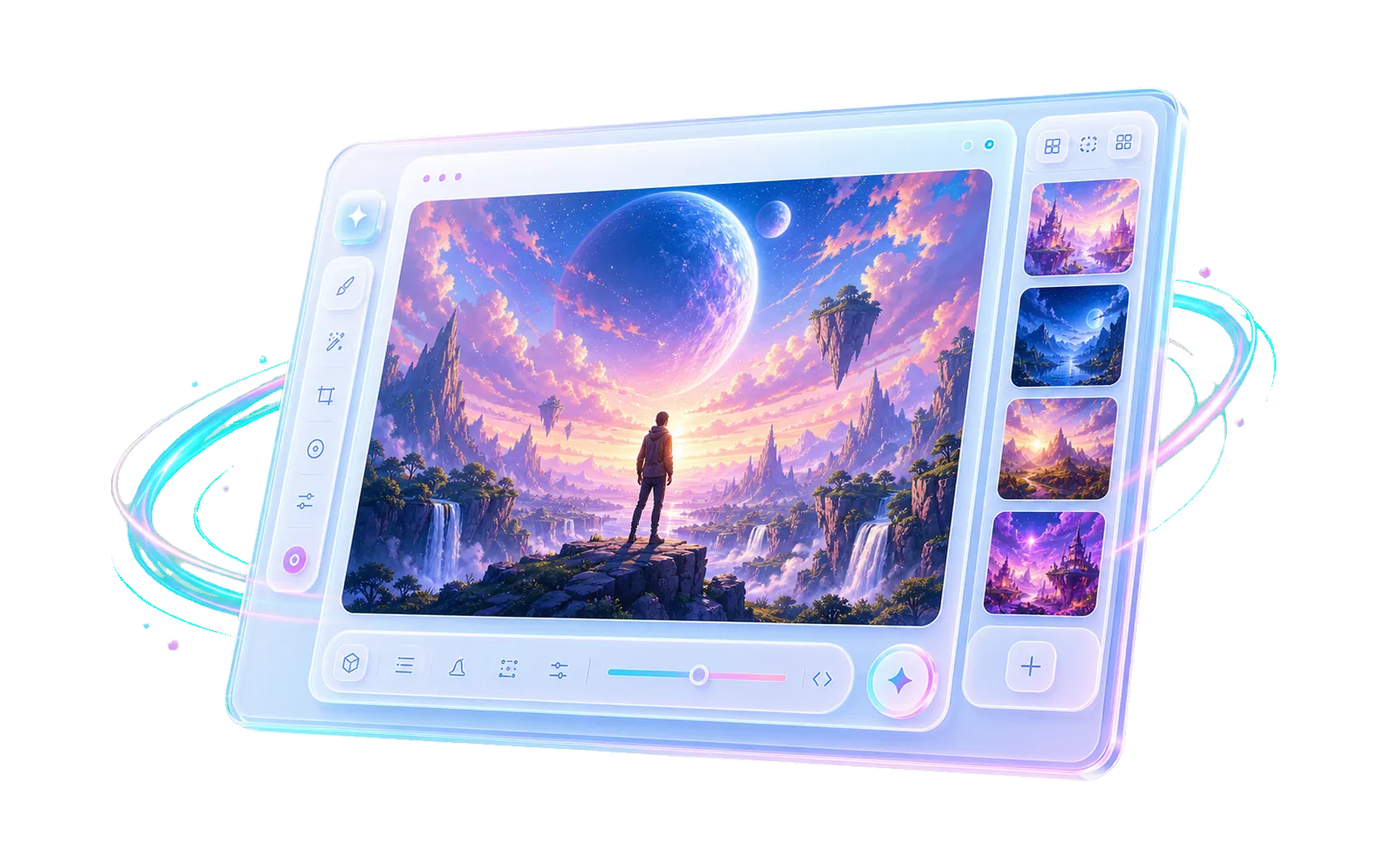 AI creation interface showing a futuristic creative scene